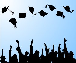 Silhouette image of students tossing graduation caps on blue gradient background